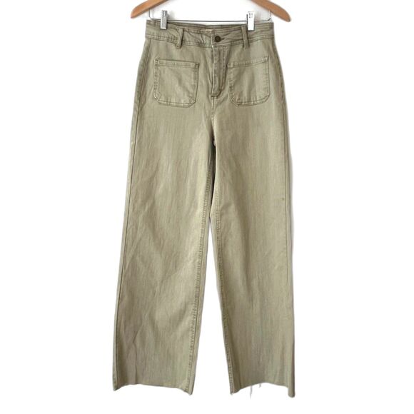 Oat New York Wide Leg Pants High Rise Patch Pockets Size 6/28 Raw Hem Green Tan - Picture 1 of 6